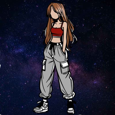 girl in baggy pants crop top and long hair