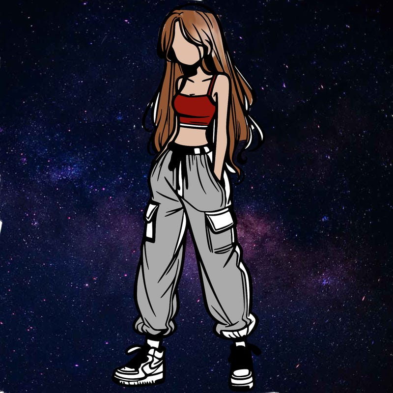 girl in baggy pants crop top and long hair