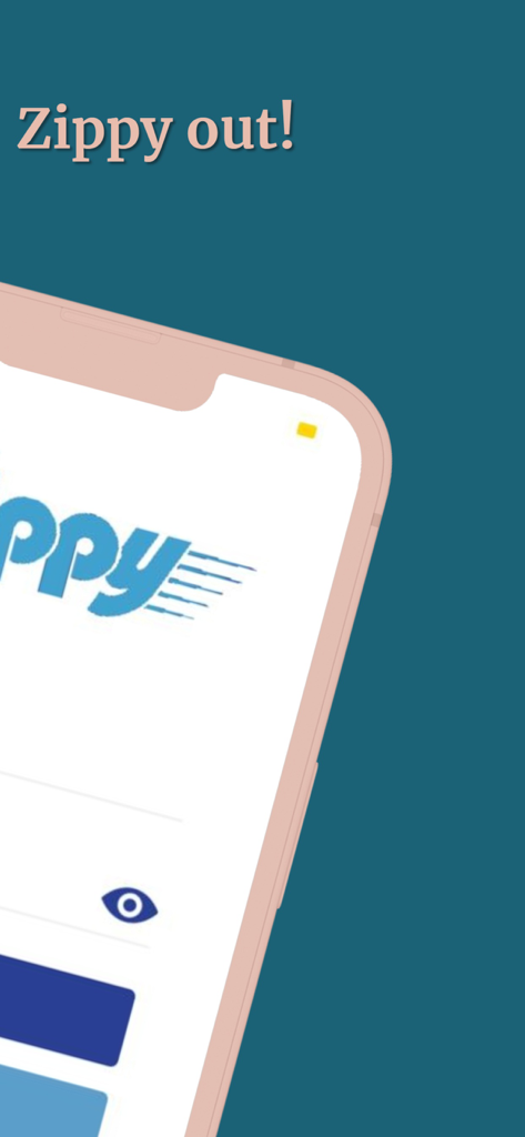 Zippy App - Smartphone screen showing the Zippy car rental app logo and text Zippy out