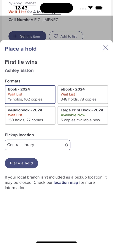 BKLYN Library - Interfaz de la aplicación Biblioteca Pública de Brooklyn para hacer una reserva de un libro con opciones de formatos físicos, libros electrónicos y audiolibros.