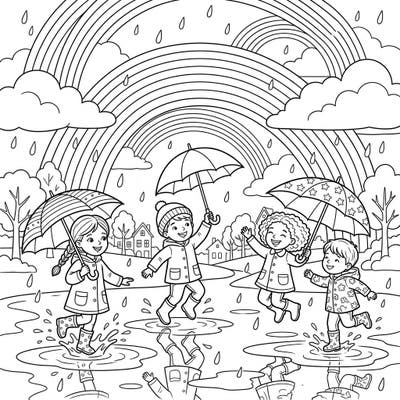 Capture the magic of a rainy day with this delightful coloring page, perfect for kids. Watch as happy children splash in puddles under a vibrant rainbow, ready for your creative touch.