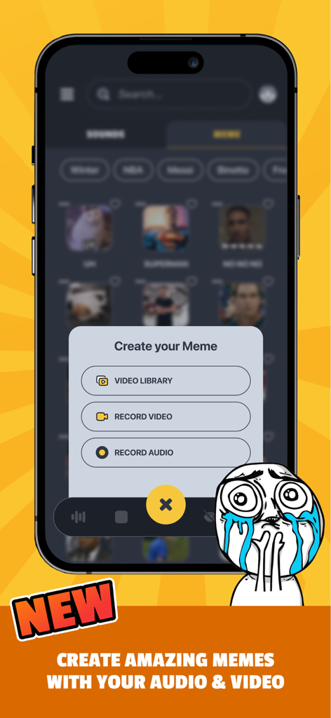 Sounds Effects by Whatsticker - Interface do aplicativo Efeitos Sonoros da Whatsticker mostrando a ferramenta de criação de memes com opções para usar biblioteca de vídeo, gravar vídeo ou gravar áudio