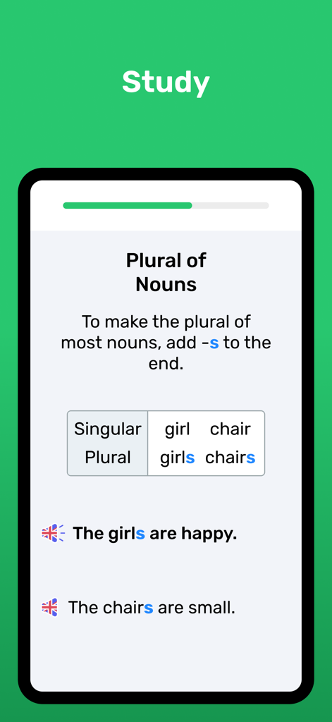 A grammar lesson on plural nouns in the Wlingua English learning app