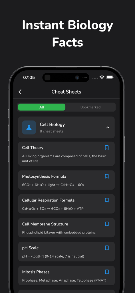 Biology AI: Homework Helper - Biology AI app interface displaying a list of biology cheat sheets including cell theory, photosynthesis formula, and mitosis phases.
