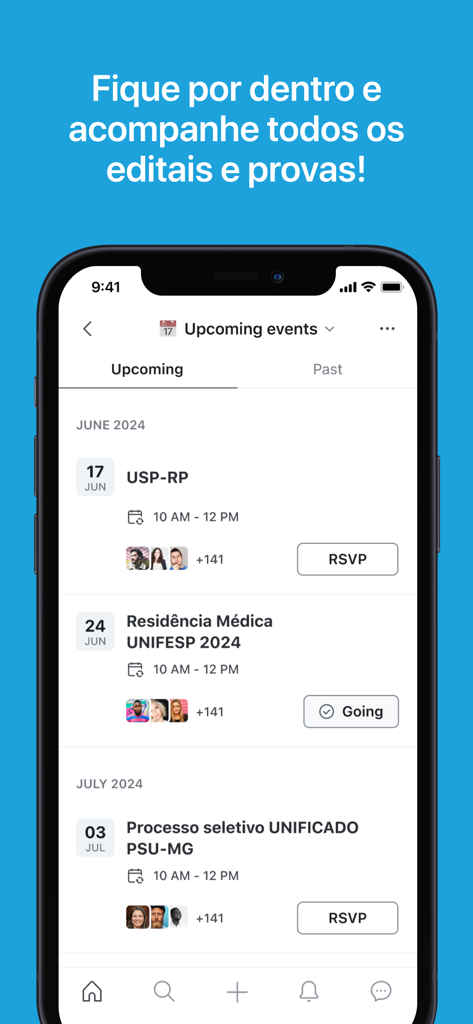 Medcof Plus - Medcof Plus app interface showing a list of upcoming medical residency exams and selection processes.