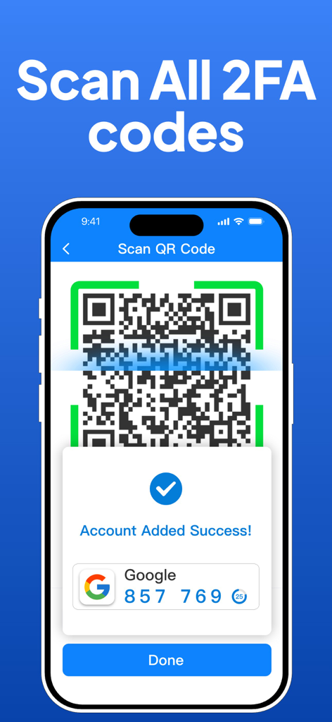 Pantalla de iPhone mostrando una configuración exitosa de cuenta 2FA a través de escaneo de código QR en la Authenticator App