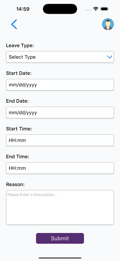 Pantalla de envío de solicitud de permiso en la aplicación Smart-Time que muestra campos para tipo, fecha, hora y motivo