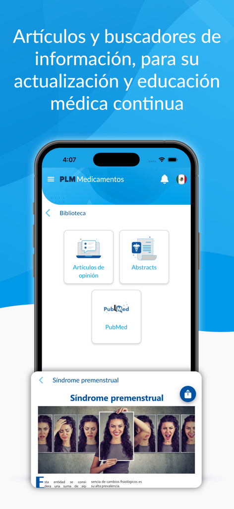 PLM Medicamentos - Pantalla de la biblioteca de la aplicación PLM Medicamentos con artículos médicos, resúmenes y búsqueda de PubMed para profesionales de la salud