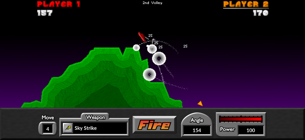 Pocket Tanks Deluxe gameplay showing a tank firing a weapon over green hills.