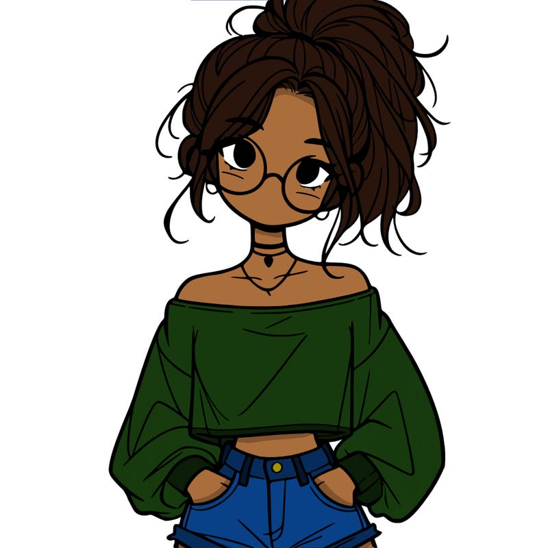 girl with a messy ponytail glasses a baggy crop top and jean shorts