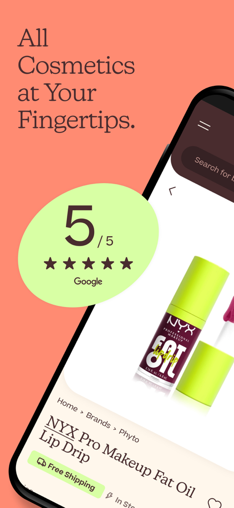 Affichage de l'application Care To Beauty de l'huile à lèvres NYX Lip Drip avec une note de cinq étoiles