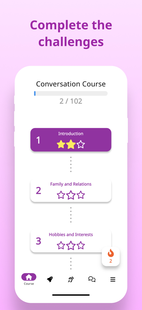 Talk: Korean,Japanese Learning - Pantalla de aplicación móvil que muestra un curso de conversación para el aprendizaje de idiomas con una lista de lecciones como introducción y relaciones familiares