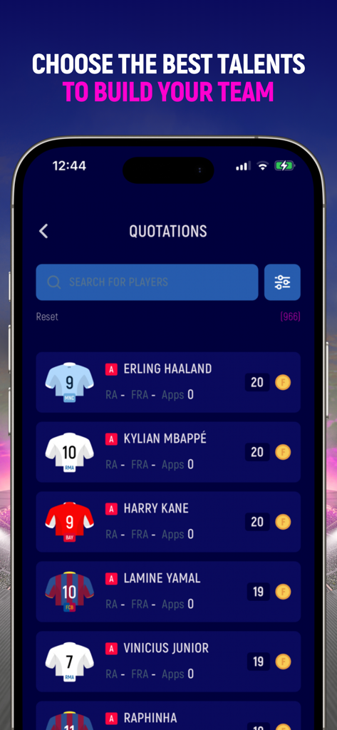 FantaMaster Champions - Interface of FantaMaster Champions app showing player market values for Haaland Mbappe and other top football stars