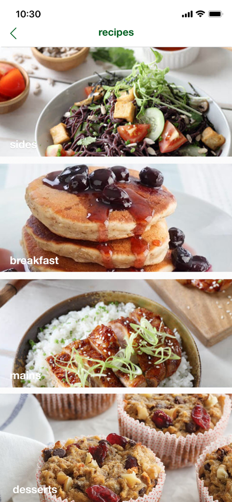 Healthy Options Philippines - Healthy Options app recipes screen showing categories for sides breakfast mains and desserts