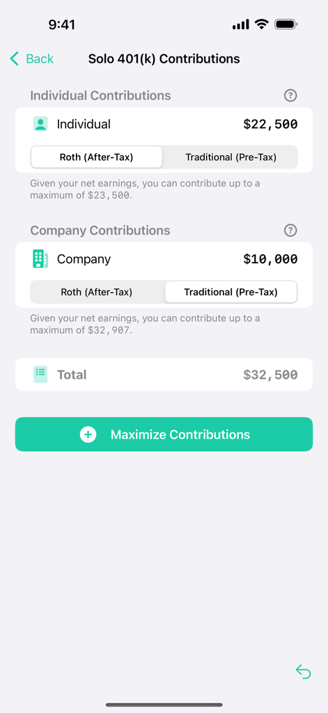 Interface of the Taxatio app showing solo 401k retirement contribution calculations for individuals and companies