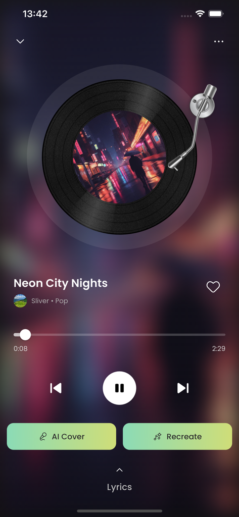 Melofy - AI Music Maker - Melofy app music player interface displaying the song Neon City Nights with options for AI Cover and Recreate