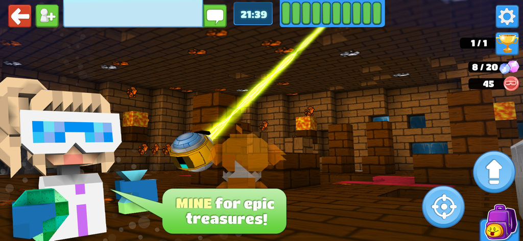 A voxel-style character mining for treasures in an underground cave with a floating drone.