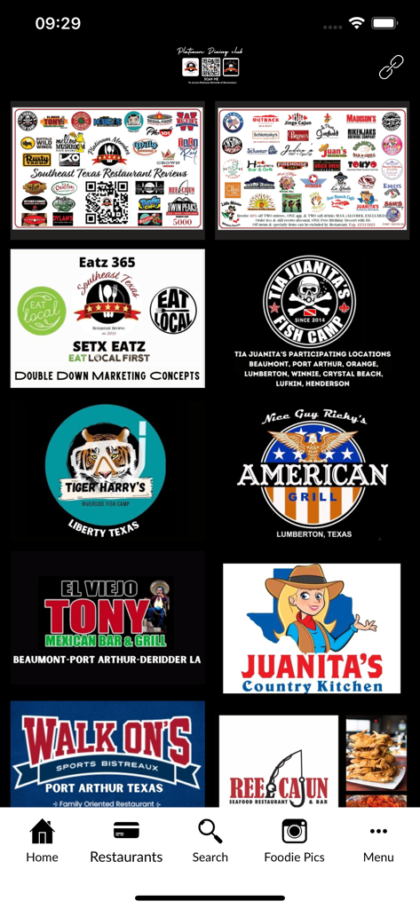 A display of local restaurant logos in Southeast Texas participating in the Platinum Dining Club loyalty program.