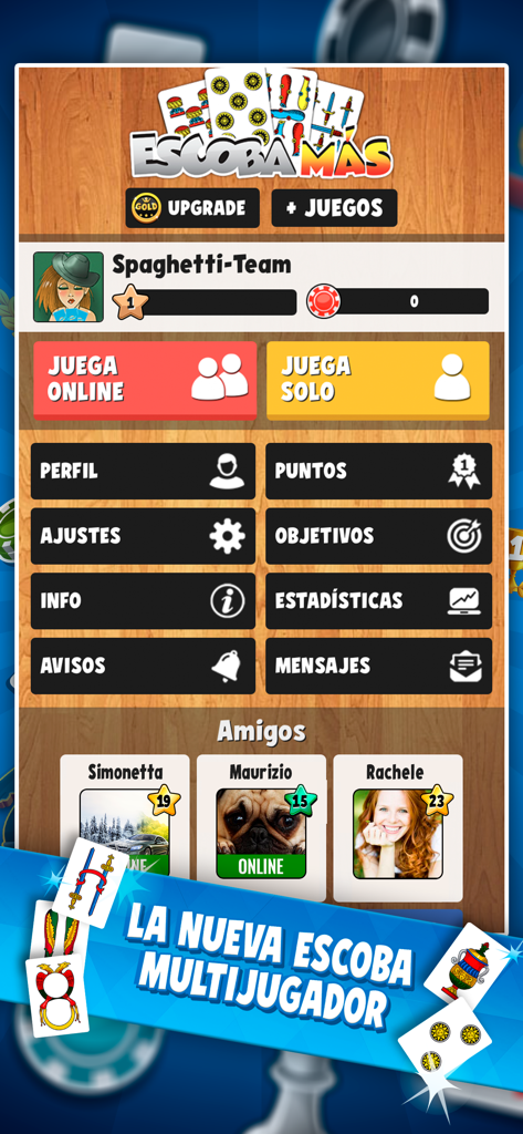 Escoba Más - Juegos de Cartas - Interfaz del menú principal de Escoba Más que muestra los modos de juego y la lista de amigos