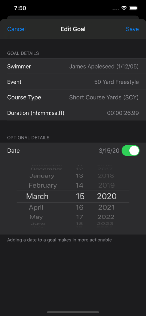 Interface of the RaceKeeper Swim app showing the goal setting screen for a fifty yard freestyle swimming event