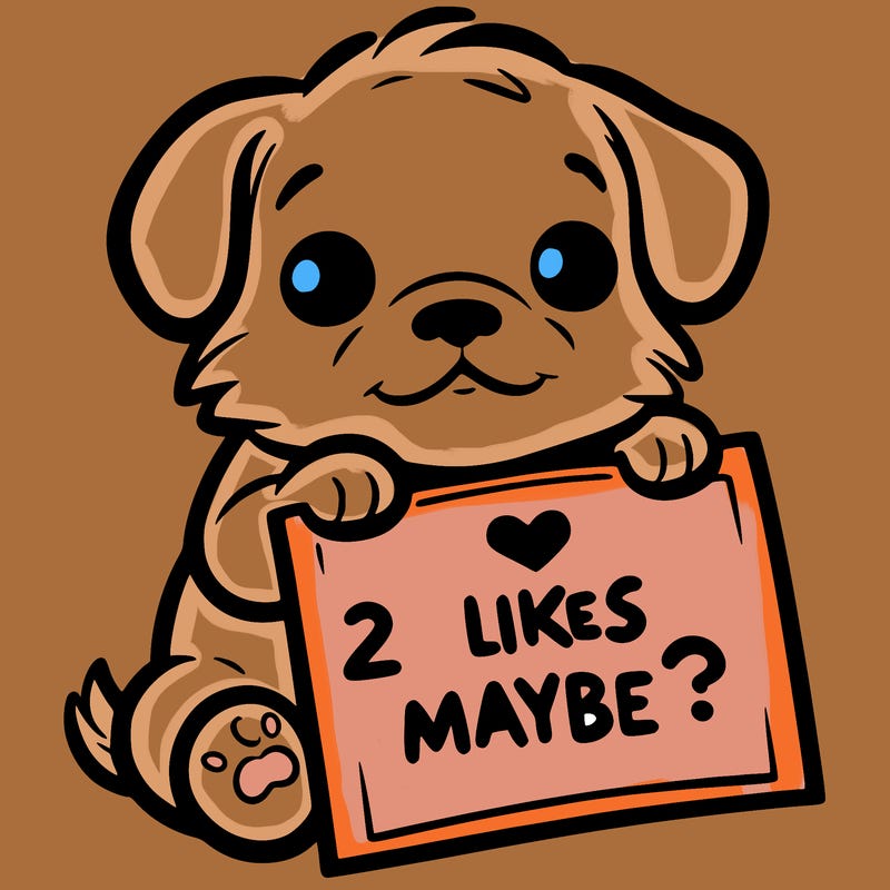 a puppy holding a sign that says 2 likes maybe?