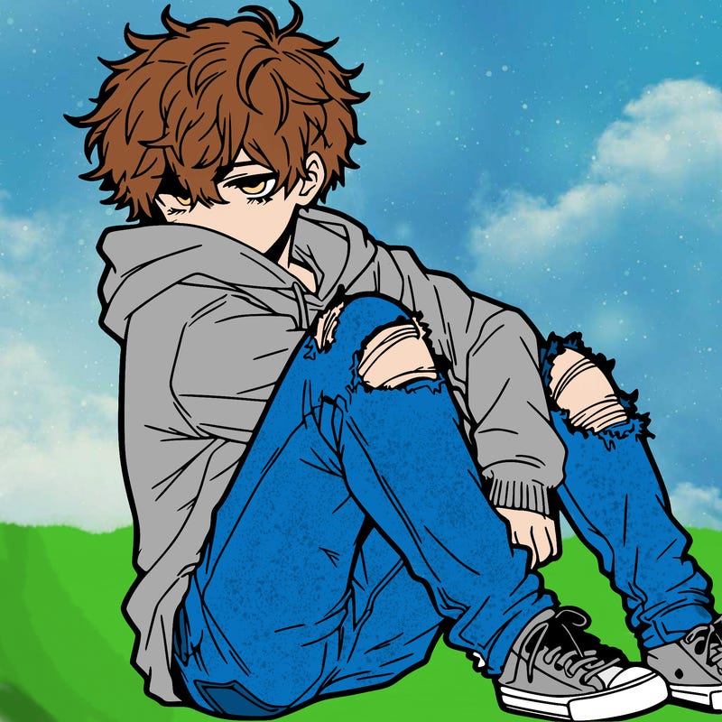 a male hoddie ripped jeans messy hair anime
