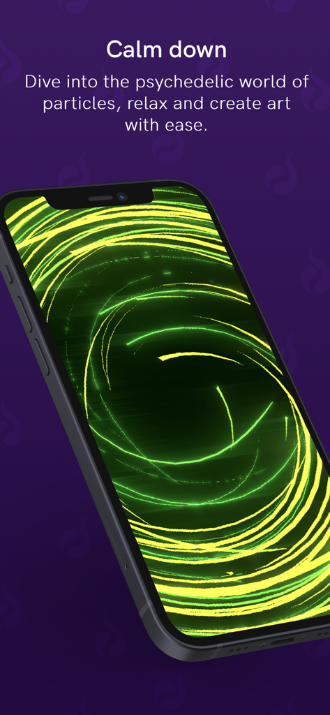 Particle Simulation - Flow Sim - A smartphone showing glowing green and yellow circular particle patterns on a dark background for meditation and relaxation