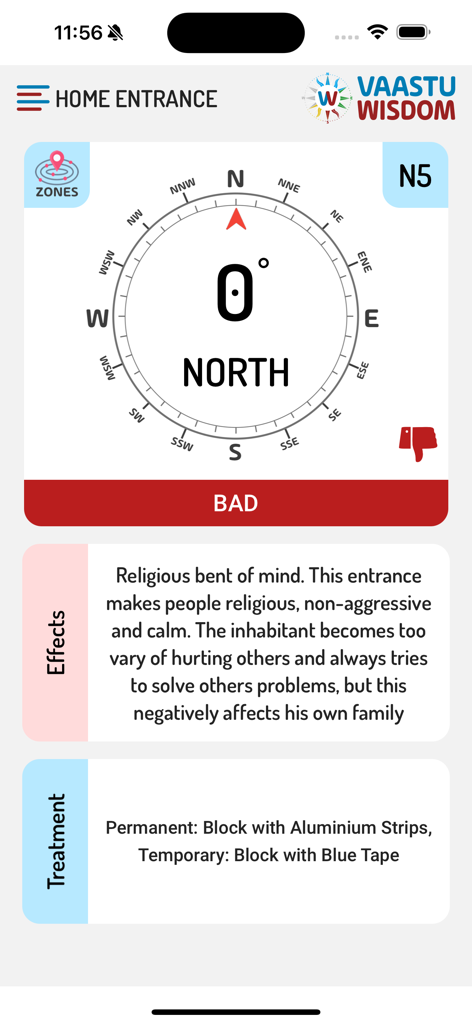 Vaastu Wisdom in ENG/GUJ/HINDI - Vaastu Wisdomアプリの玄関分析画面。デジタルコンパスとVastuの修復方法が表示されます。
