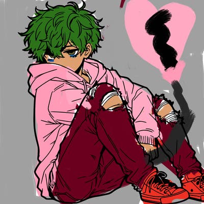 a male hoddie ripped jeans messy hair anime