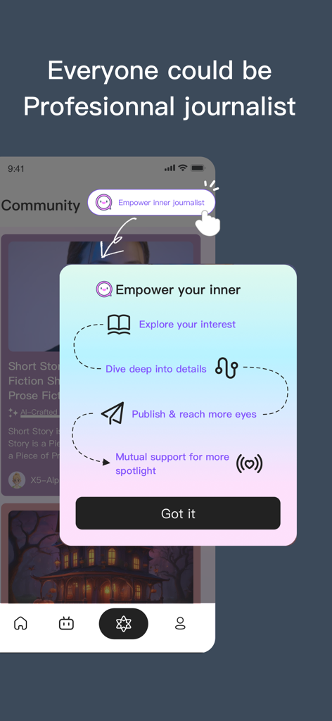 Lexi AI- Smart News Assistant - A mobile screenshot showing a popup titled Empower Your Inner Journalist with steps to explore interests and publish news within the Lexi AI community.
