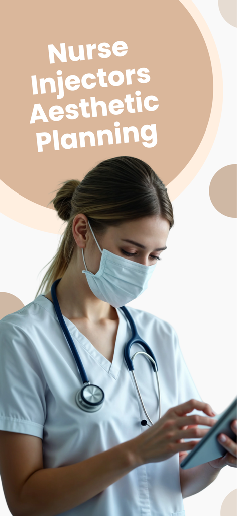 A female nurse injector in medical scrubs and mask using a tablet for aesthetic treatment planning.