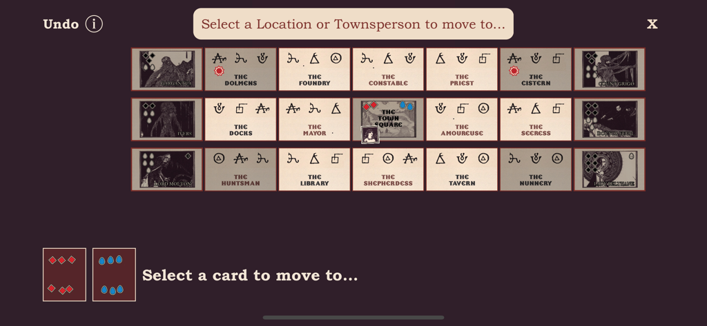 The Draugr - Gameplay screen of The Draugr showing a grid of town locations and characters for player movement selection