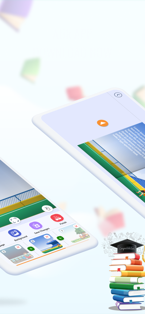 BriBooks - A mobile app interface showing children's book creation tools and a stack of books with a graduation cap.