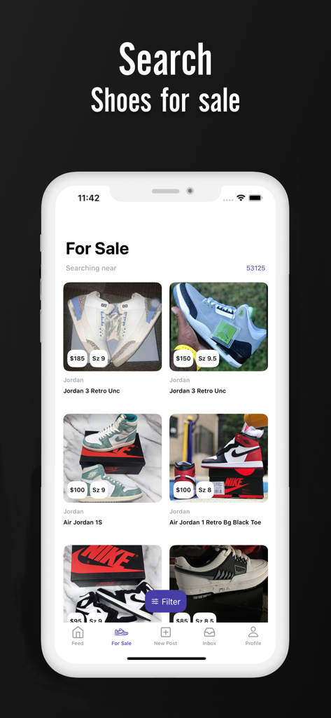 Sneak Freak app interface displaying a search grid of sneakers for sale with prices and sizes.