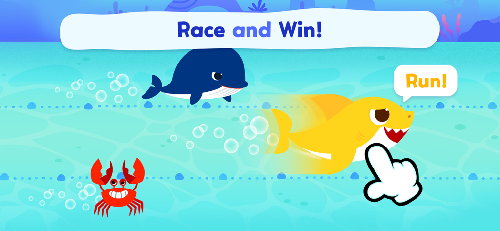 Baby Shark compitiendo contra una ballena azul y un cangrejo rojo en un minijuego submarino