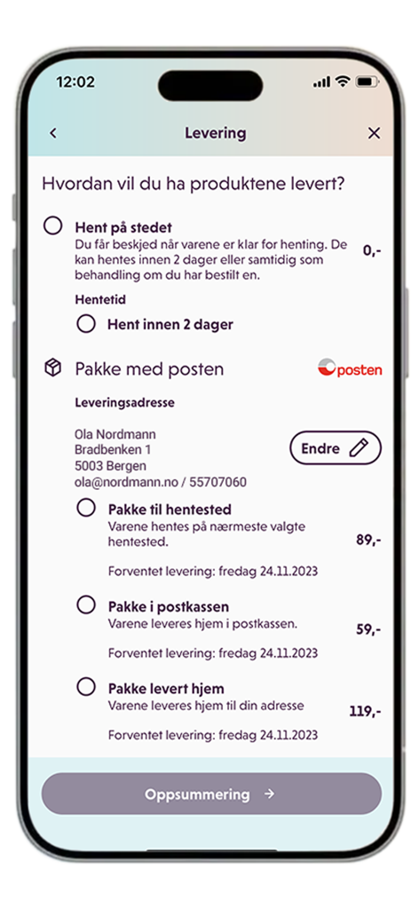 Fixit Timebestilling - Mobile app screen showing delivery options for salon products including pickup and various postal services