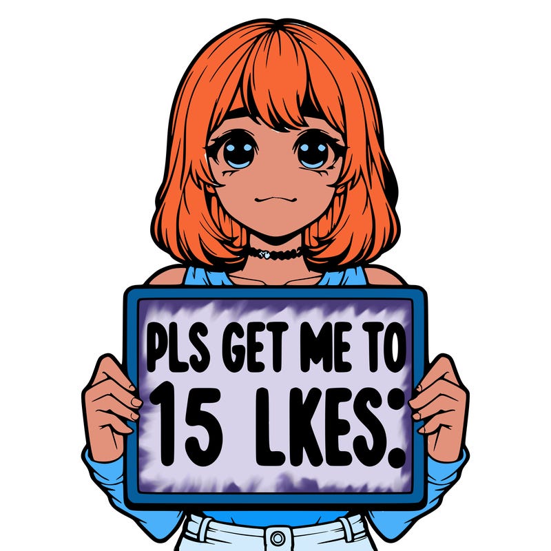 realistic girl holding up a sign that says “pls get me to 15 likes!”