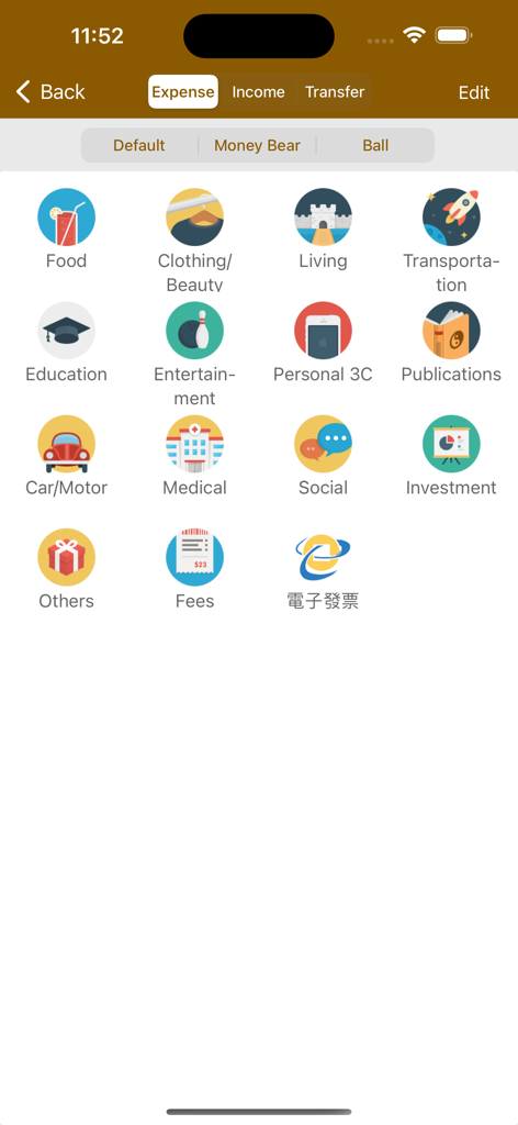 Una interfaz móvil de la aplicación AndroMoney que muestra una cuadrícula de iconos coloridos para categorizar gastos como comida, ropa, transporte y médicos