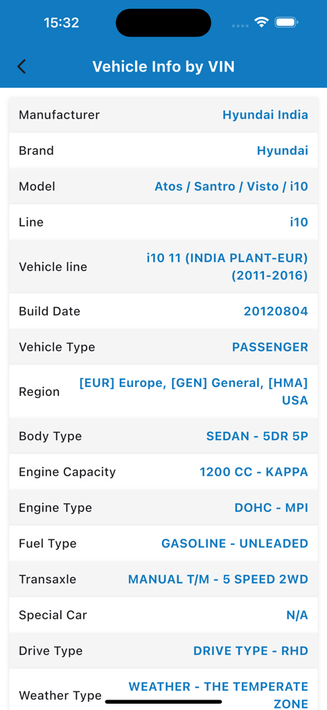 Detailed vehicle specifications display in the VINDECODERZ app showing manufacturer model and engine details