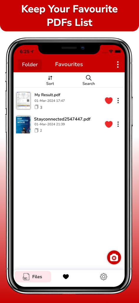 PDF Scanner & PDF Reader - PDF Scanner app interface showing a list of favorite documents on an iPhone