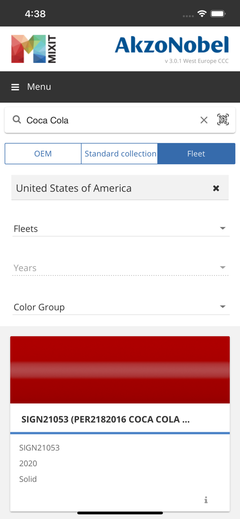 コカ・コーラのフリートレッドのカラー配合検索結果を表示するAkzoNobel MIXITアプリの画面