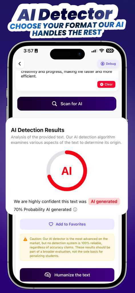 W. Writes AI Humanizer - Interfaz de la aplicación W. Writes AI Humanizer mostrando un resultado de probabilidad de detección de IA del 70 por ciento.