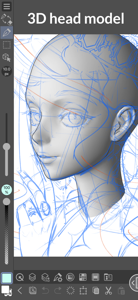 Clip Studio Paint for iPhone - 3D head model reference used for drawing in Clip Studio Paint on iPhone