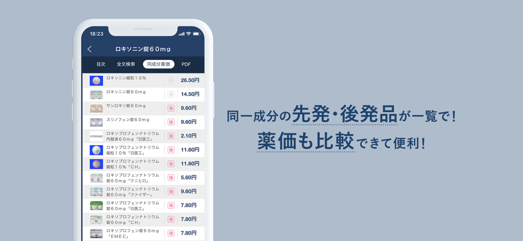 Mobile app screen showing a comparison list of brand-name and generic drug prices for pharmacists.