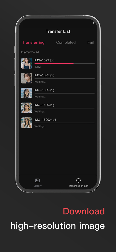 PlayMemories Mobile Connect app interface showing photo and video transfer progress from a camera to a smartphone