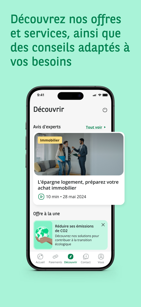 Interface de l'application BNP Paribas affichant l'onglet Découvrir avec des conseils immobiliers et des offres de services éco-responsables.