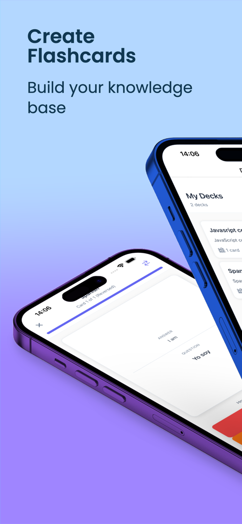 Spaced Repetition - Flashcards - Mobile interface of a flashcard app showing how to create study decks and build a personal knowledge base