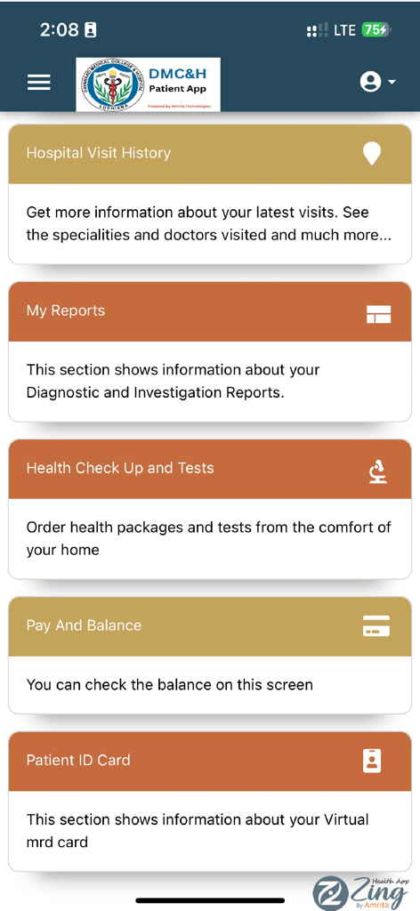 Menu principale dell'app del patient portal dell'Ospedale DMC che mostra funzionalità come referti medici, cronologia visite e fatturazione