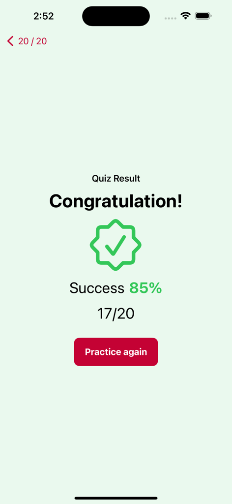 Canada Quiz. - カナダクイズアプリの結果画面。合格スコア85%が表示されています。