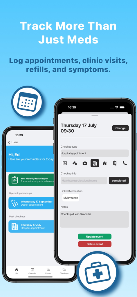 Interface do Tablets App para registrar consultas médicas e monitorar sintomas junto com os medicamentos